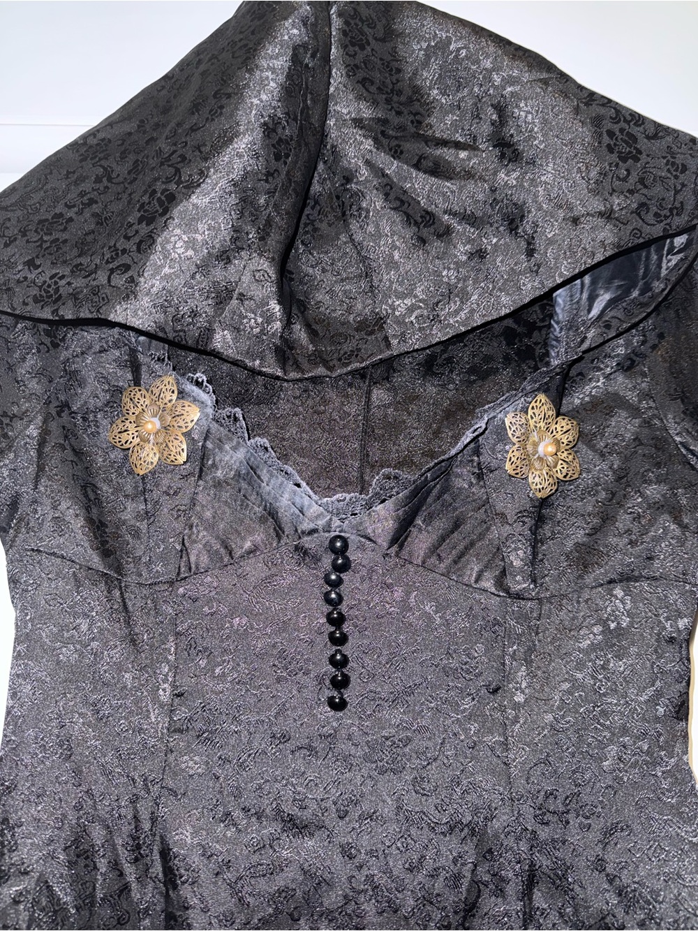 Black Satin Hooded Dress w2 Lace Trim and Gold Floral Accents